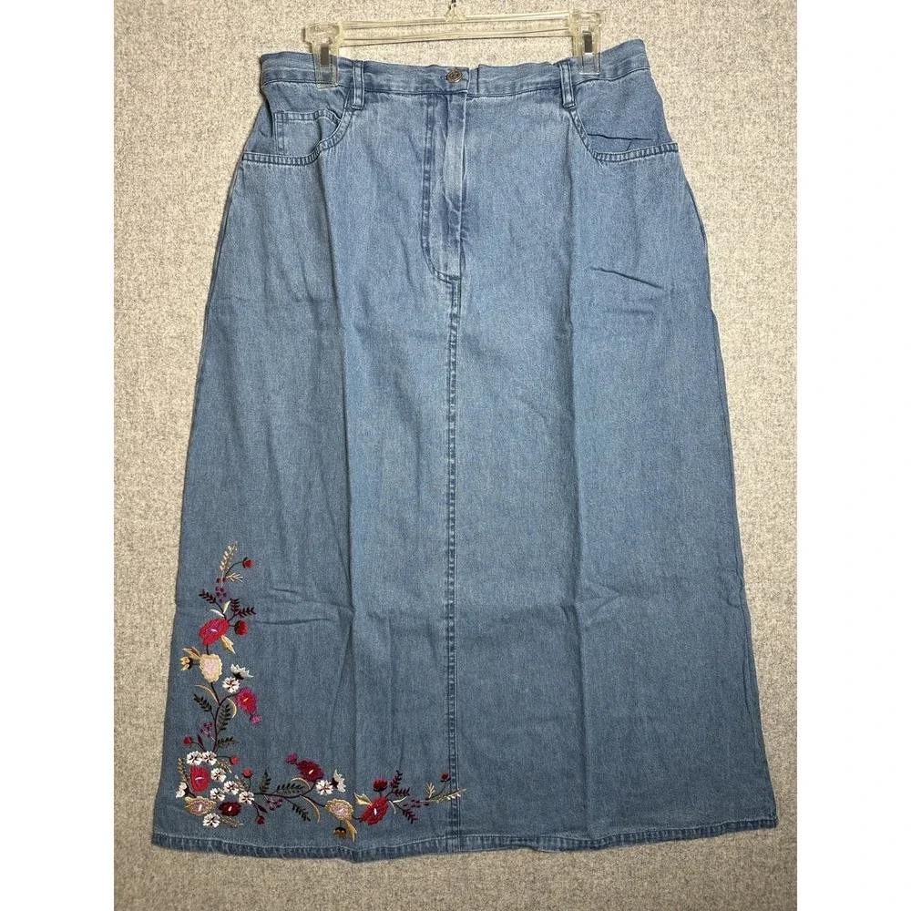 New 220 Hickory Blair Plus Large Womens Denim Skirt Embroidered Floral Blue Boho